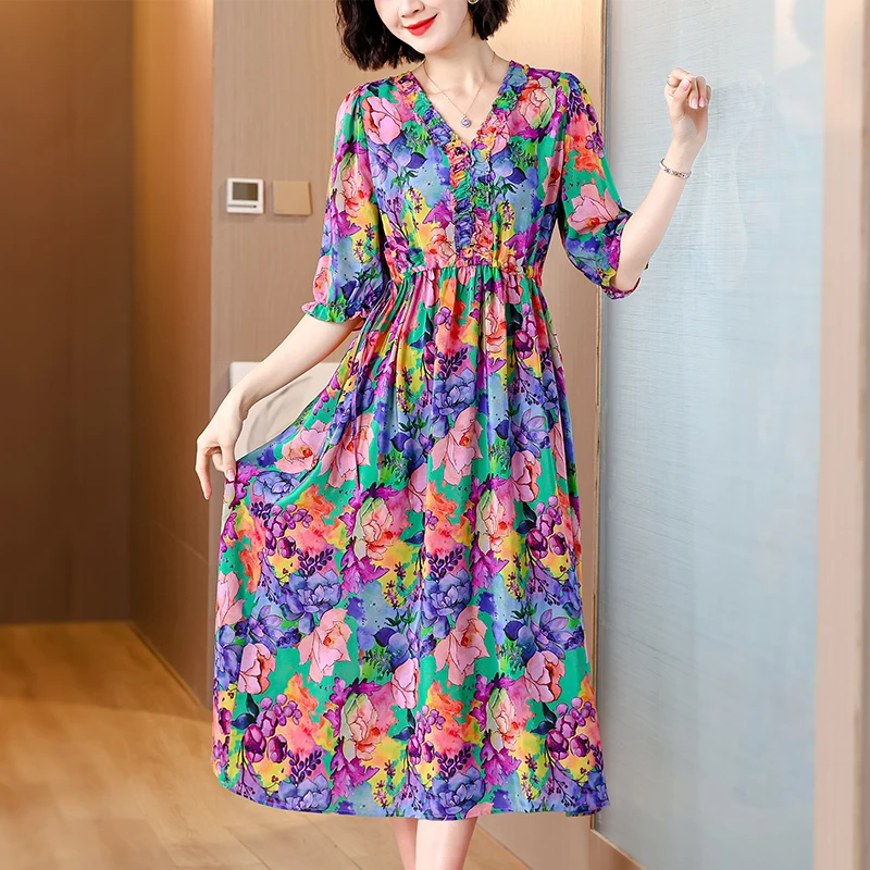 

New 2024 Summer Middle Aged Women Half Sleeve Midi Dress Female Print 5xl Faux Mulberry Silk Dresses Vestidos Dress for Women