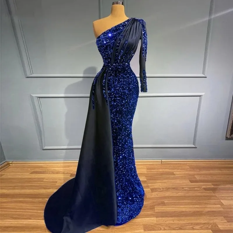 Elegant Royal Blue Sequin Evening Dress One Shoulder Long Sleeves Evening Dresses Long Wedding Party Dress Mermaid Prom Gown
Elegant Royal Blue Sequin Evening Dress One Shoulder Long Sleeves Evening Dresses Long Wedding Party Dress Mermaid Prom Gown