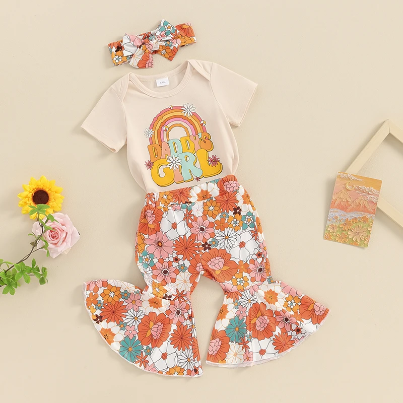 

0-18M Summer Newborn Baby Girls Clothing Sets Rainbow Letter Print Short Sleeve Bodysuits+Floral Flare Pants Casual Outfits