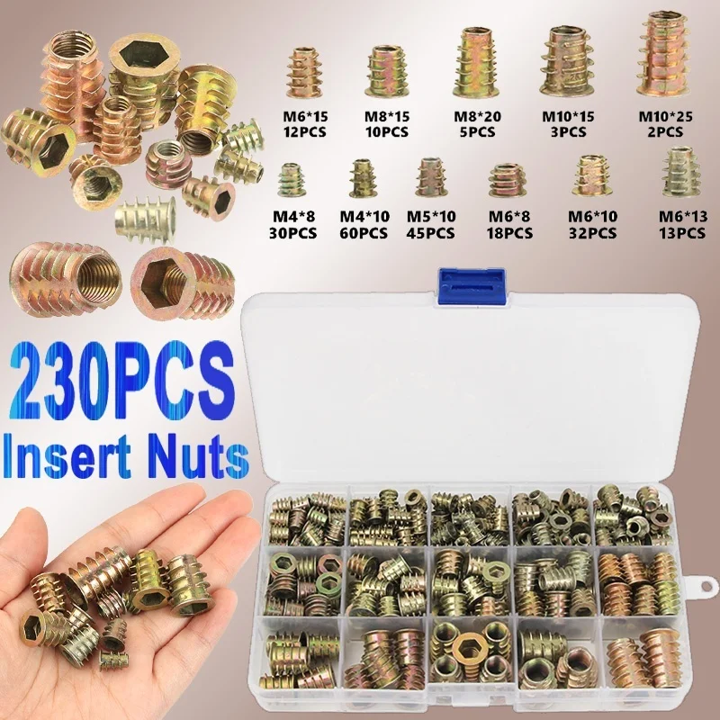 

230PCS M4 M6 M8 M10 Flanged Hex Drive Head Furniture Nuts Zinc alloyl Thread For Wood Insert Nut Assorted Kit