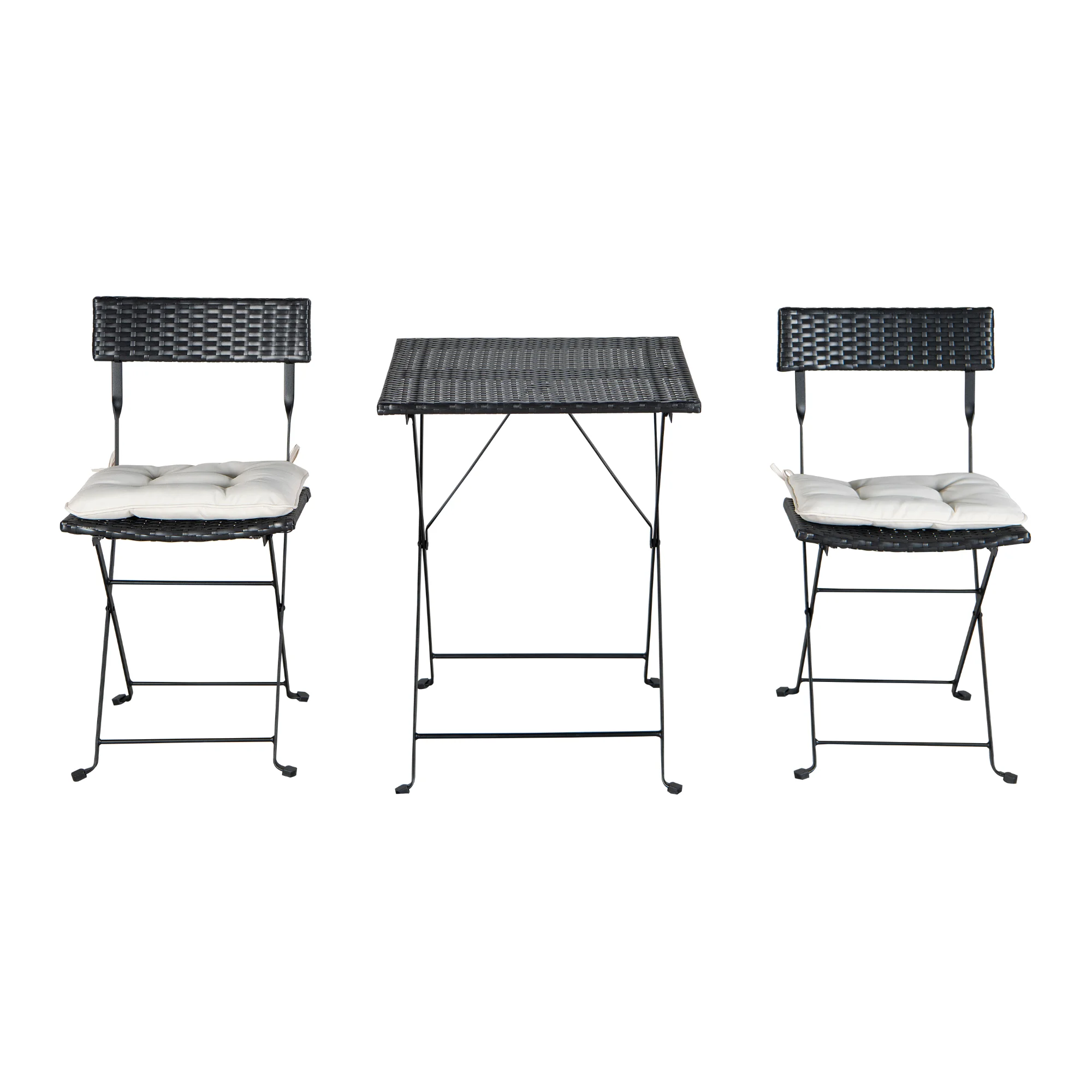 Patio Black PE Wicker Folding Bistro Set One Table With Two Chairs And Two Beige Cushion Outdoor Patio Furniture Set
Patio Black PE Wicker Folding Bistro Set One Table With Two Chairs And Two Beige Cushion Outdoor Patio Furniture Set