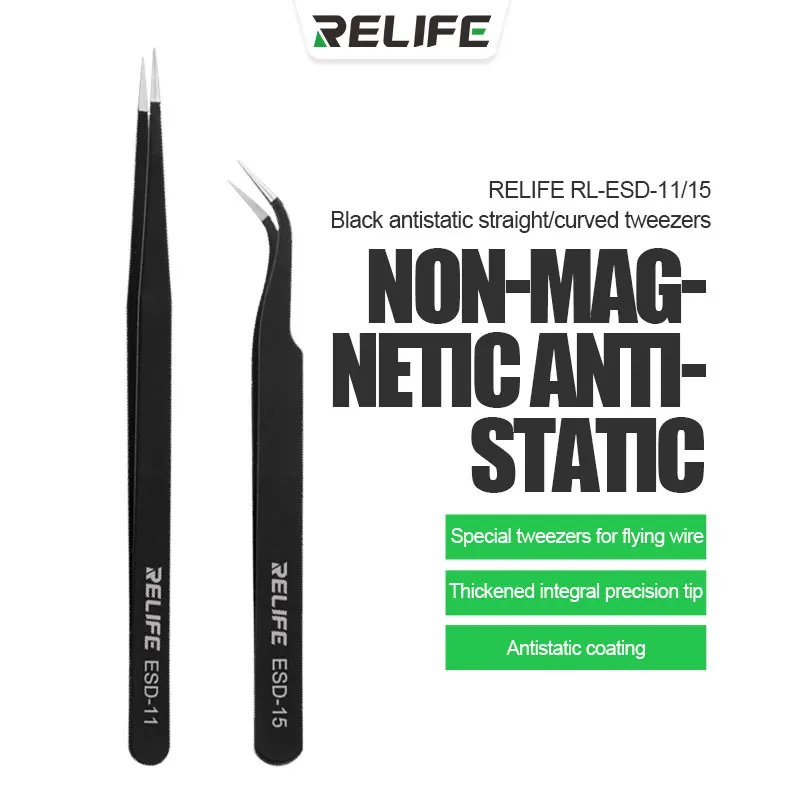 

RELIFE RL-ESD-11/15 Anti-static Straight/Curved Tweezers for Mobile Phone Repair Non-Magnetic Flying Wire Forceps