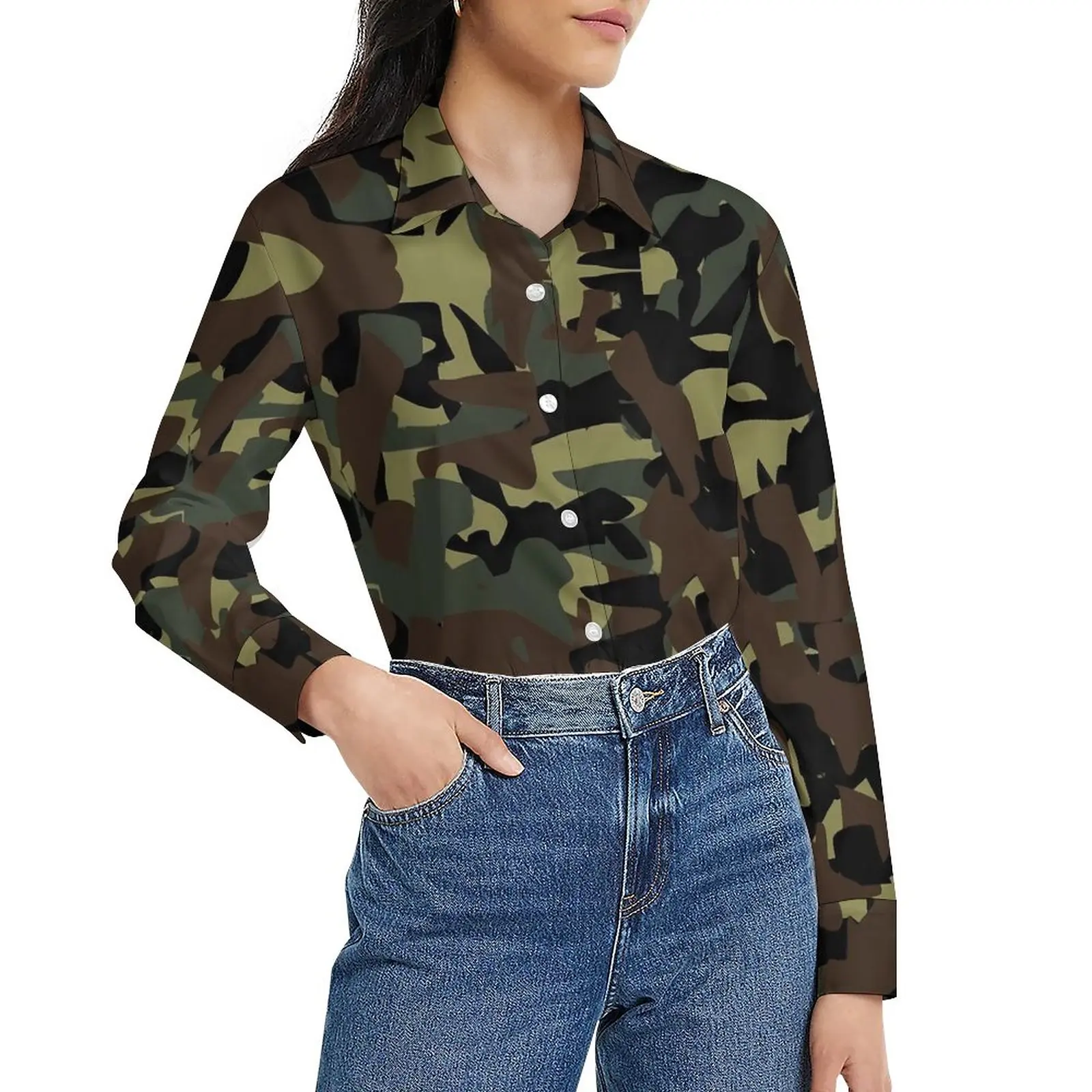 

Camo Print Blouse Army Camouflage Funny Design Blouses Woman Long-Sleeve Streetwear Shirt Autumn Oversized Tops