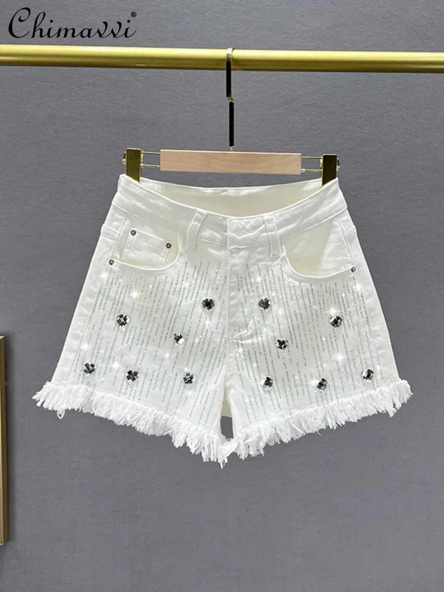 

Frayed Women's Summer New A- Line Denim Shorts European Station Diamond Wide-Leg Hot Pants Fashion High Waist Slim-fit Shorts