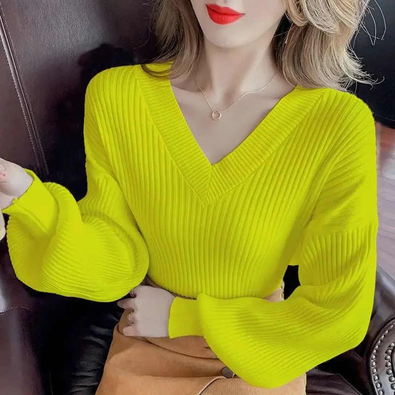 

Женский пуловер с V-образным вырезом, Новая корейская модная трикотажная одежда с длинными рукавами-фонариками, одежда для женщин, вязаный свитер для женщин на осень и зиму