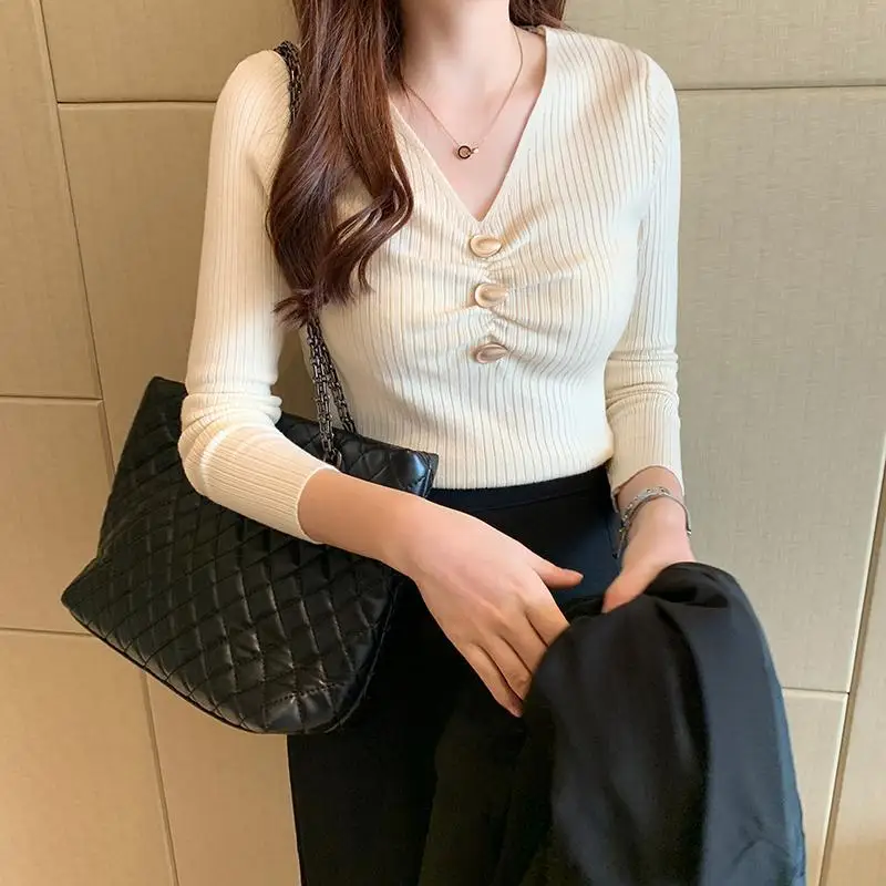 

V-Neck Multiple Colors Long Sleeve Ladies Bottoming Shirt Korean Sequined Decoration Fold Screw Thread Autumn Winter Women Top