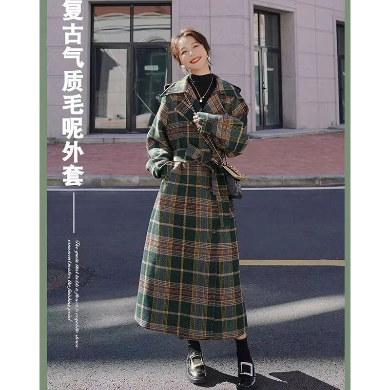 

2023 New Autumn Winter Long Sleeved Thickening Lattice Women's Fashion Popular Korean Edition Coarse Patterned Woolen Coat