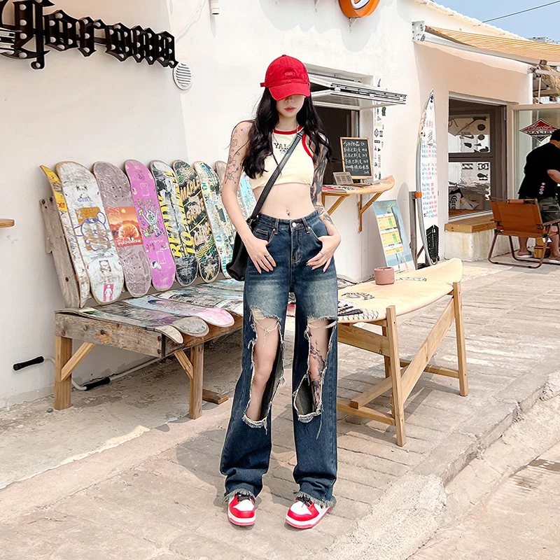 Blue American Style High Street Washed Large Ripped Straight Leg Wide Leg Jeans Women's Rapped Floor Trendy Pants
Blue American Style High Street Washed Large Ripped Straight Leg Wide Leg Jeans Women's Rapped Floor Trendy Pants