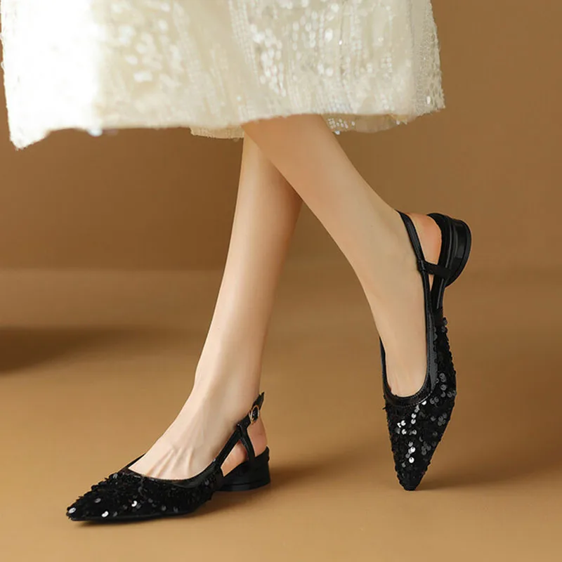 

Phoentin Glitter Low Heels Pointed Toe Slingbacks Pumps Bling Sequin Cloth Women Summer Shoes Plus Size 34~43 FT3349