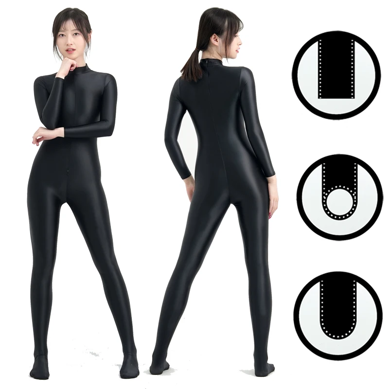 

Satin Glossy One Piece bodysuit Sexy Oil High Neck Long Sleeve Full body Tight Wetsuit Pants Double End Zipper Shiny leotard