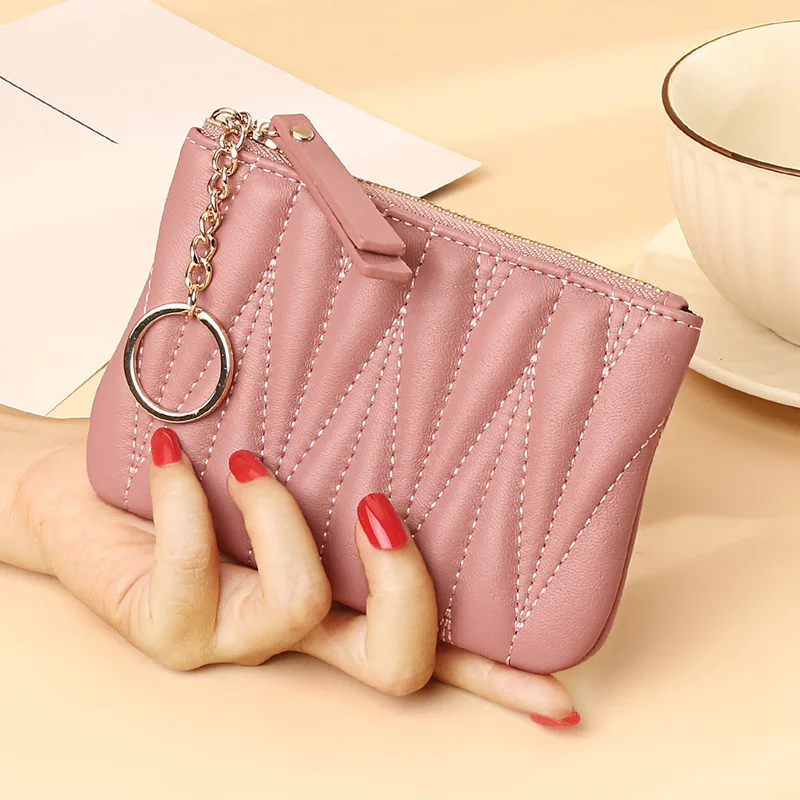 

2022 New Fashion Coin Purse Pink Zippered Wallet Kidskin Card Holder with Key Ring Mini Card Bag for Women Carteras Para Mujer