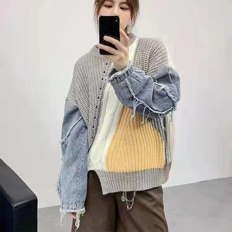 

Irregular Hem Thicken Knitting Top Gray Clothing Denim Stitched Long Sleeve Sweater Women Pullover Autumn spring 2024 New