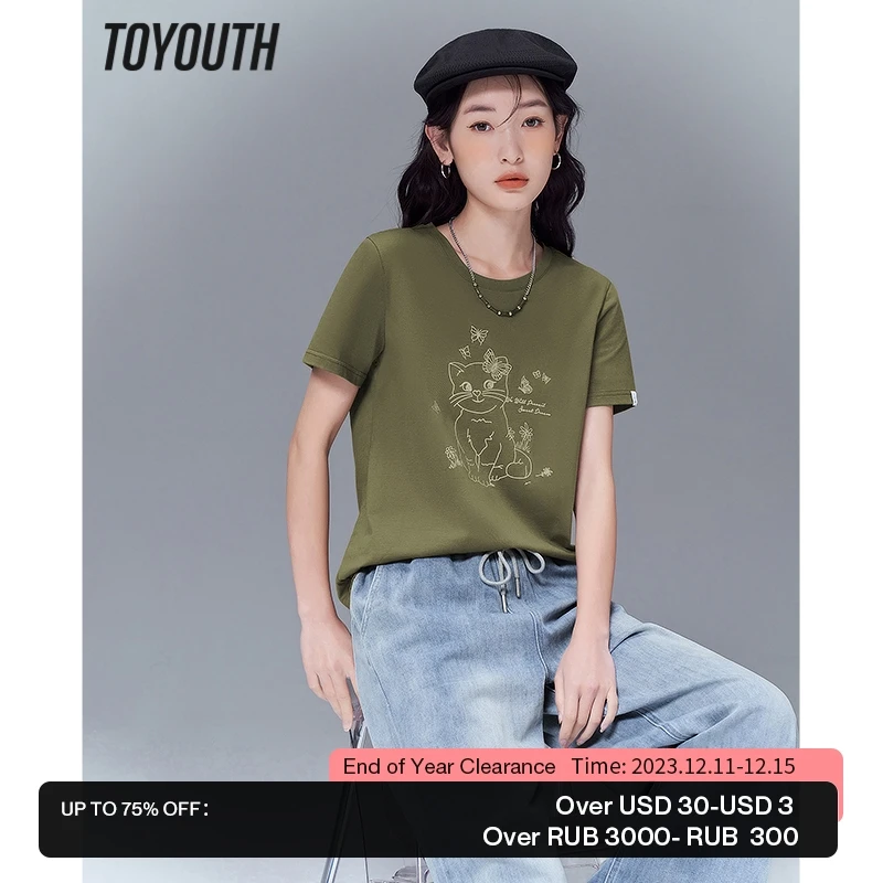 

Toyouth Women T-shirt 2023 Summer Short Sleeve O Neck Loose Tees Cute Cat Print Pure Cotton Comfort Casual Chic Tops