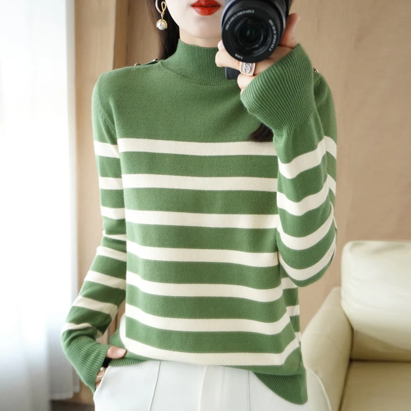 Autumn And Winter New Stripe Half High Collar Pullover Versatile Temperament High-End Lazy Women Casual Bottomed Knit Sweater
Autumn And Winter New Stripe Half High Collar Pullover Versatile Temperament High-End Lazy Women Casual Bottomed Knit Sweater