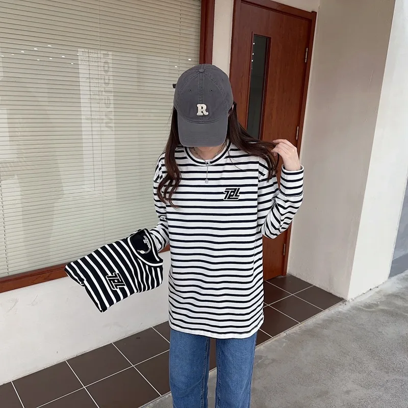 Striped Print Fashion Tees For Women Full Sleeves Letter Embroidery Loose Casual Lady T-Shirt Tops
Striped Print Fashion Tees For Women Full Sleeves Letter Embroidery Loose Casual Lady T-Shirt Tops