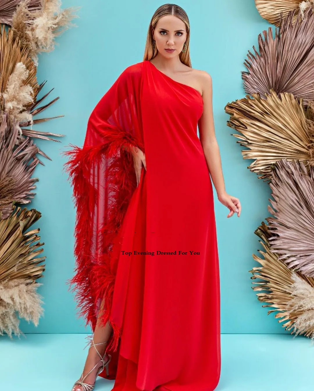 

Red A Line Feathers Formal Evening Dresses One Shoulder Puff Long Sleeve Dubai Kaftan Formal Party Prom Dress robes de soiree