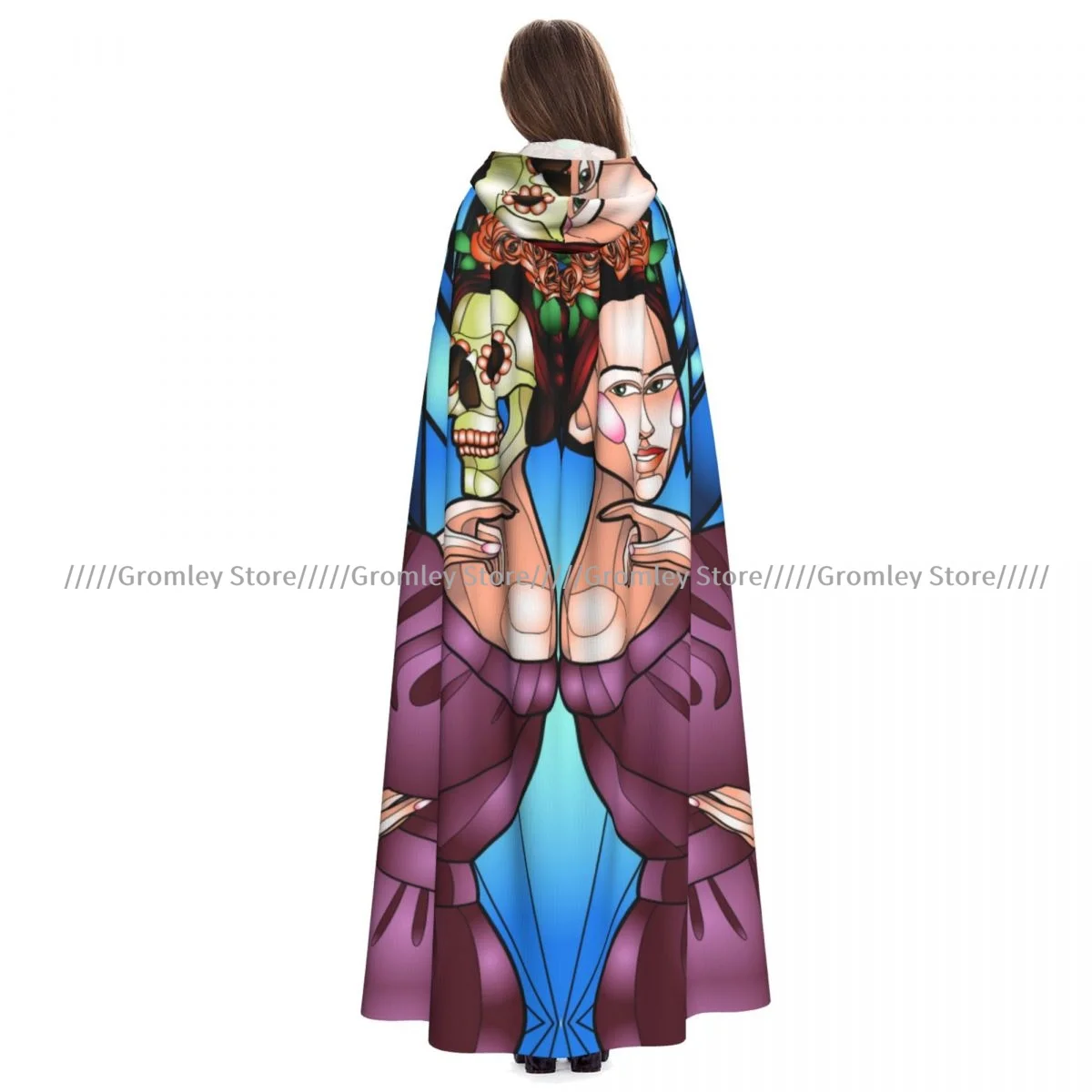 

Day Of The Dead Stained Glass Skull Of Mexican Woman Witch Cloak Halloween Cosplay Costume Adult Unisex Cloak Retro Ages Cape