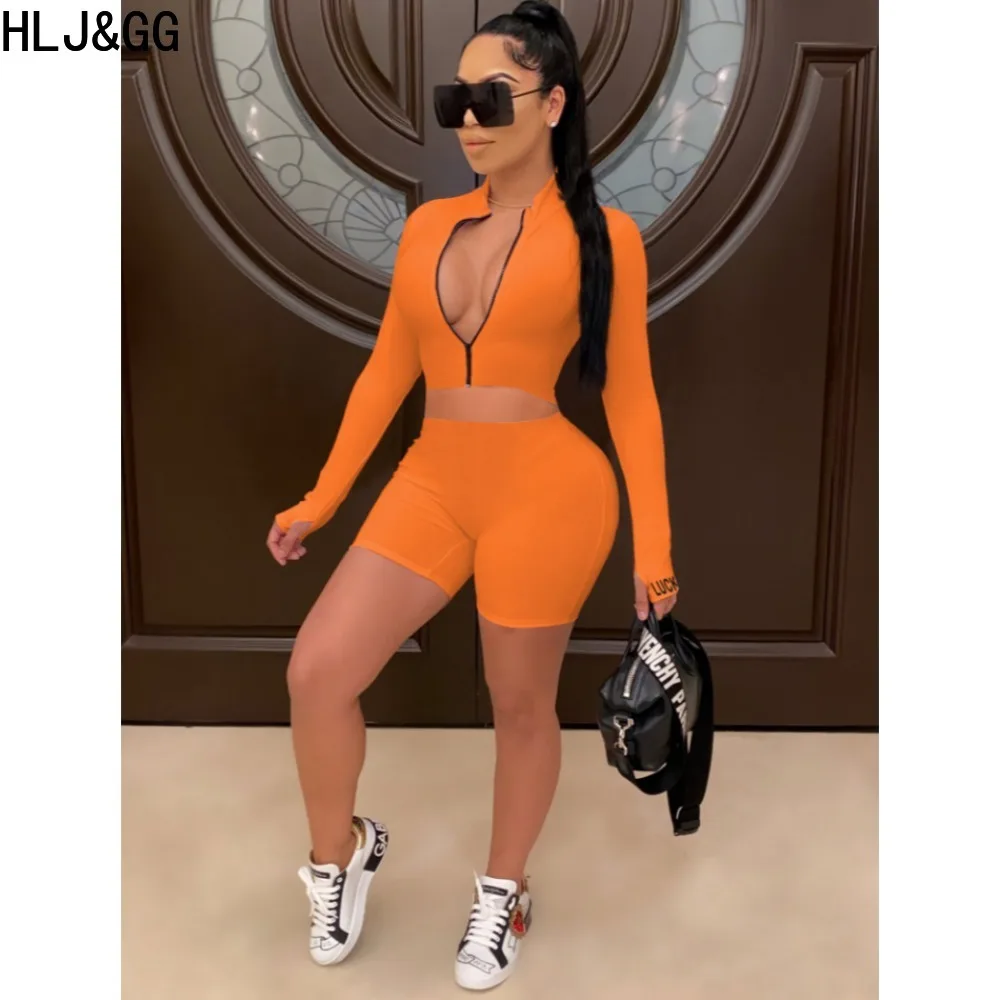

HLJ&GG Casual Solid Sporty Biker Shorts Two Piece Sets Women Zipper Long Sleeve Crop Top + Shorts Outfits Female 2pcs Tracksuits