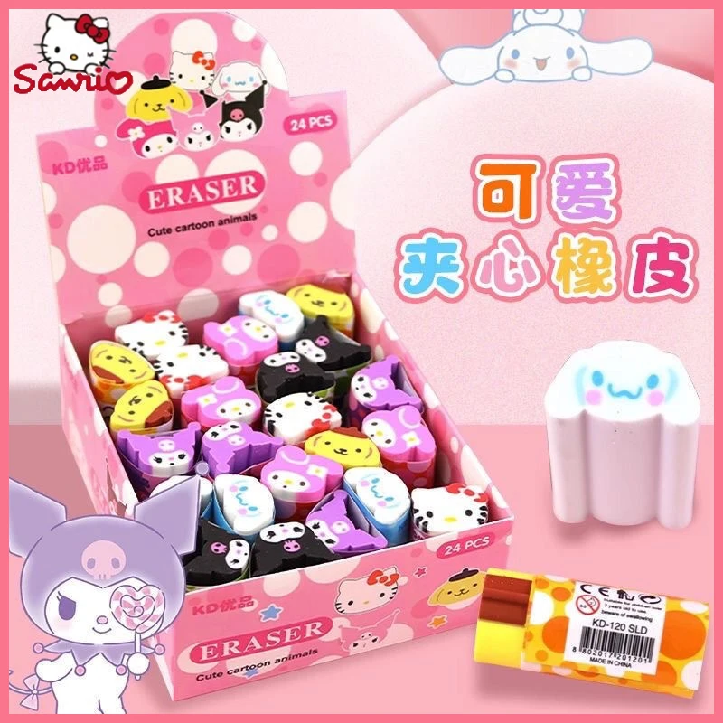 

24pcs/box Sanrio Kawaii Hellokitty Eraser Cartoon Doll Design Cute Kuromi Cinnamoroll Strip Cutting School Supplies Wholesale