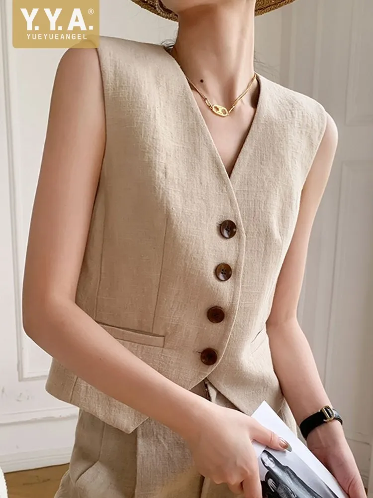 

Women V Neck Single Breasted Linen Vest Top Sleeveless Jacket Slim Fit Office Ladies Work Waistcoat Casual Streetwear Khaki Vest