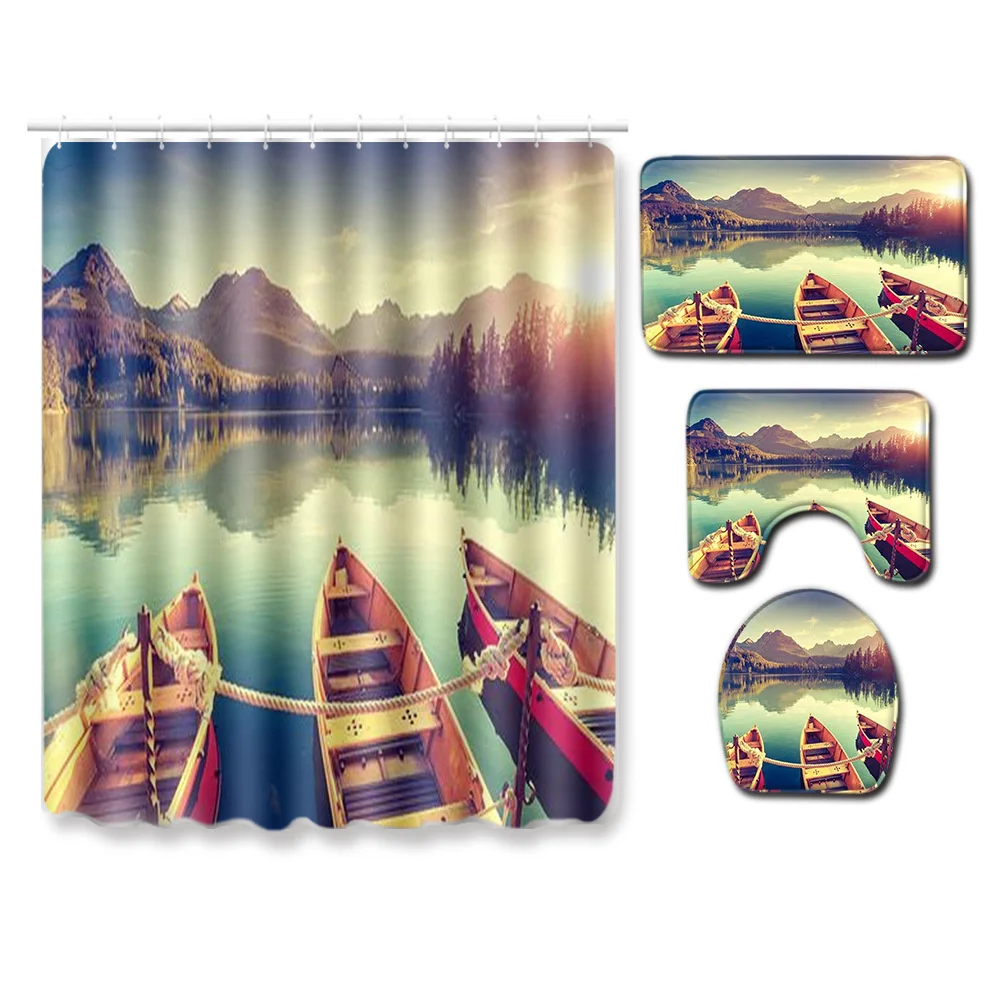 

Mountain Forests and lakes Shower Curtain set non-slip Carpet Toilet Seat mat Bath mat Lake Boat Park Waterproof Bathrom Curtain