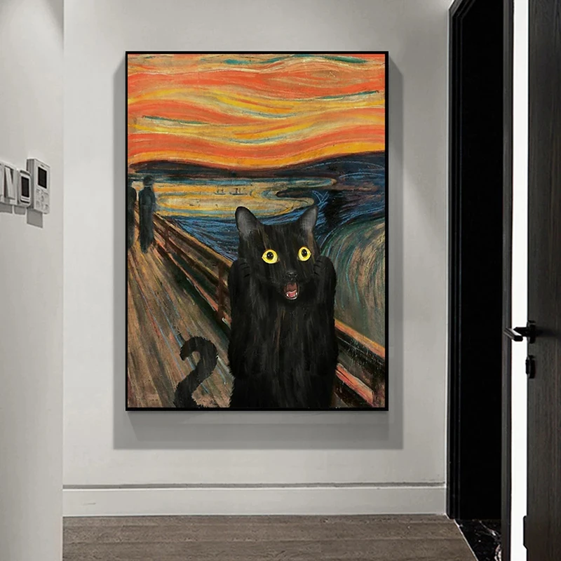 

Современный портрет черной кошки, забавные картины на холсте, постеры и принты, настенные картины для гостиной, украшение для дома