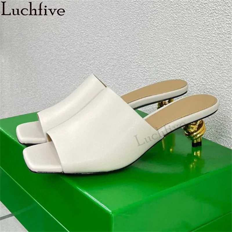 

Summer New Square Open Toe Mid Heels Slippers Women Genuine Leather Fashion Week Mules Slippers Sexy Runway Party Shoes Woman