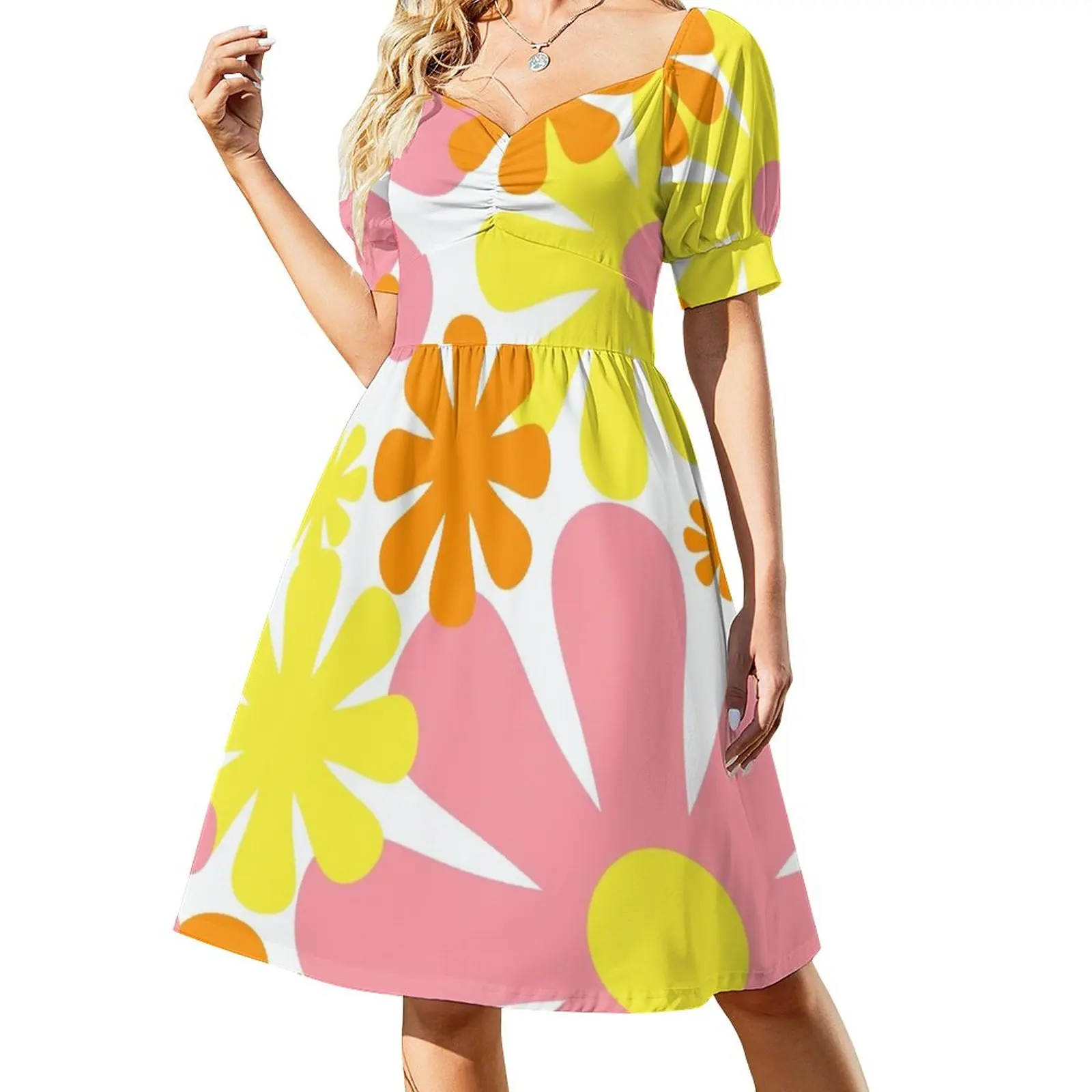

Винтажное платье без рукавов в стиле ретро 60-х годов, с цветочным узором, розовое, желтое, оранжевое, белое