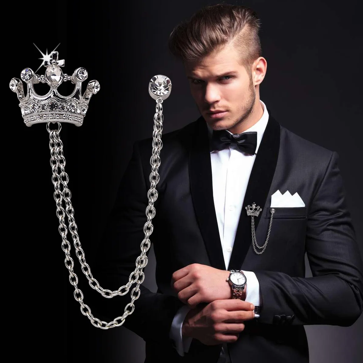 Luxury Design Crown Brooches For Men Rhinestone Brooch Pin Tassel Chain Lapel Pins Badge Suits Shirt Accessories Wedding Jewelry
Luxury Design Crown Brooches For Men Rhinestone Brooch Pin Tassel Chain Lapel Pins Badge Suits Shirt Accessories Wedding Jewelry