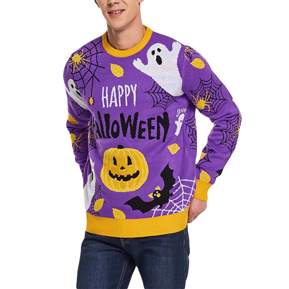 

Men Knitted Sweater Halloween Pumpkin Print Long Sleeve Jumper Fall Casual Pullovers Tops Men's Clothing Letter Sweaters