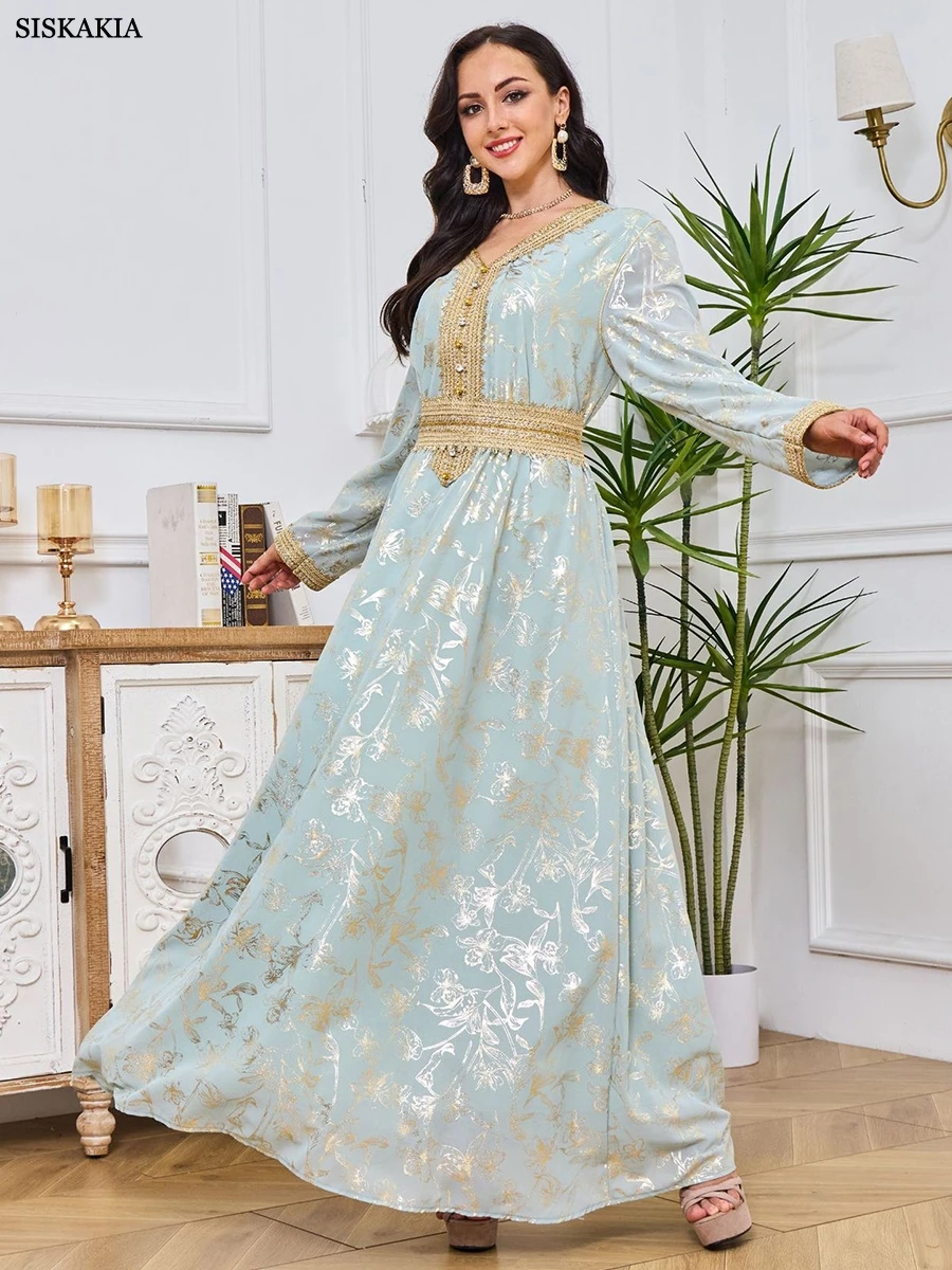 Siskakia Moroccan Abaya For Women Long Dresses Dubai Chic Printing Full Sleeve V-Neck Sashes Elegant Casual Arab Costumes Female
Siskakia Moroccan Abaya For Women Long Dresses Dubai Chic Printing Full Sleeve V-Neck Sashes Elegant Casual Arab Costumes Female