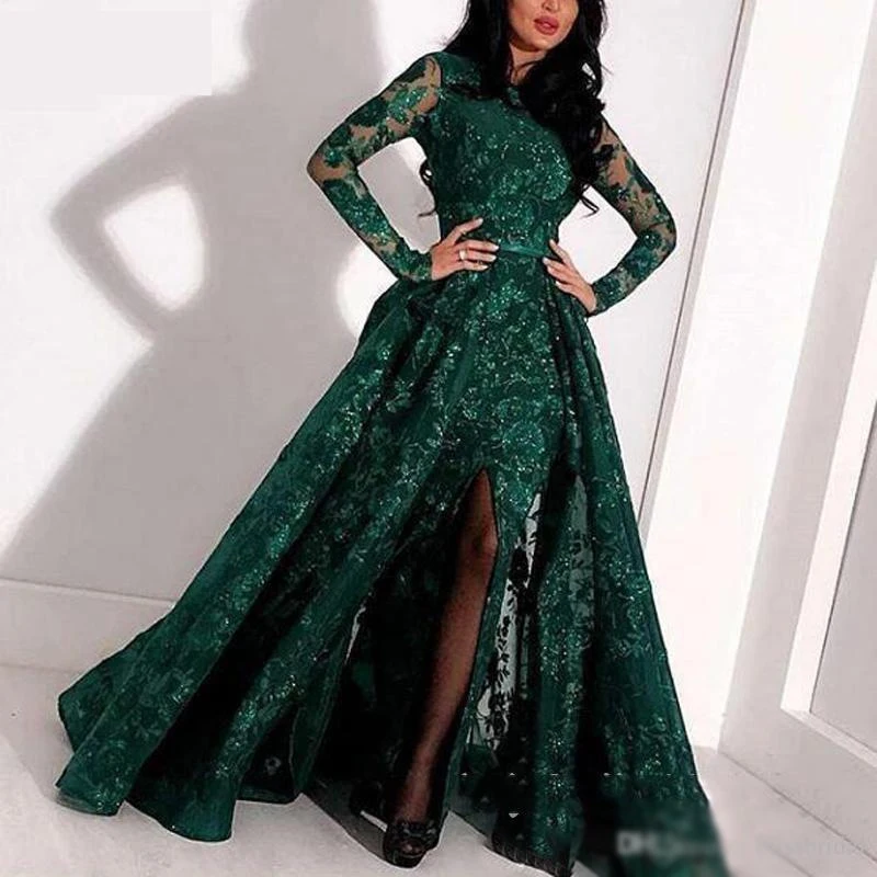 

Green Mermaid sexy side seam glittering Prom Dress high neck long sleeve evening dress spray gold embroidery slit evening dress