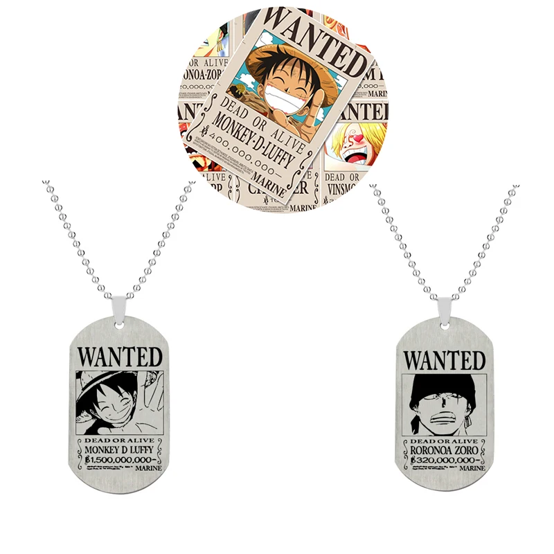 

Hot Selling Anime One Piece Figure Luffy Zoro Wanted Reward Stainless Steel Necklace for Woman Man