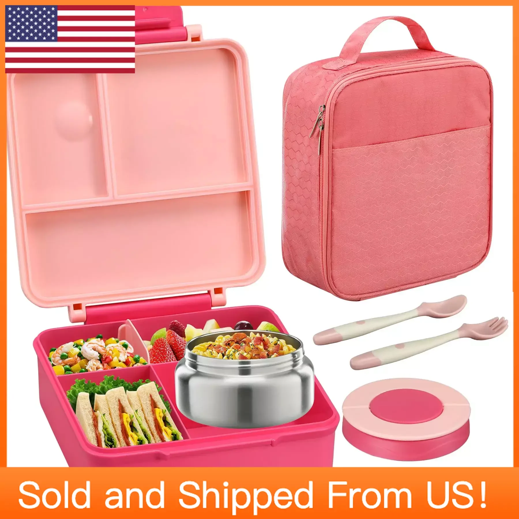 

Kids Bento Lunch Box Set: 8oz Soup Thermo, Leak-Proof Containers, 4 Compartments, Insulated Food Jar, Pink Lunch Bag