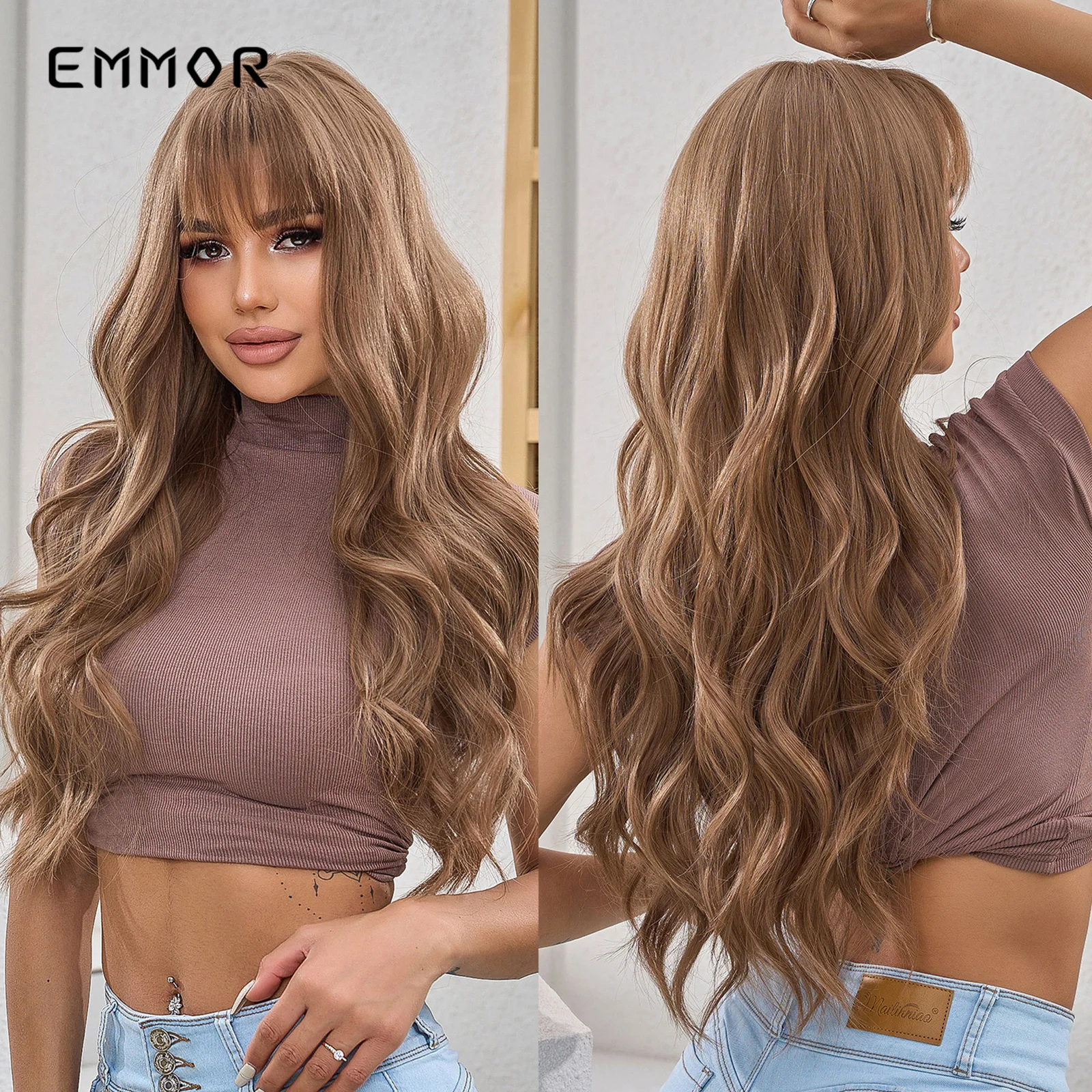 

Emmor Synthetic Long Light Brown Wavy Wigs with Bang Cosplay Curly Hair for Christmas Natural Heat Resistant Fiber Wig for Women