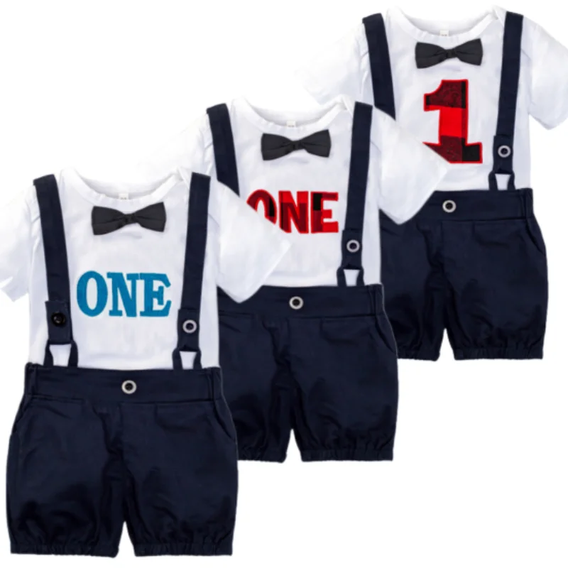 

Костюм на 1-й день рождения для маленьких мальчиков, джентльменская летняя хлопковая одежда, комбинезон для малышей, размеры 3-24M, приблизительные Детские комплекты