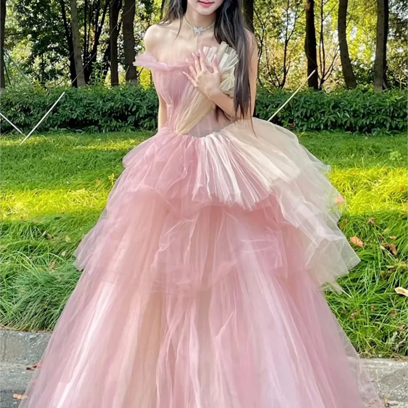

Pink Style Evening Dress for Women Vocal Music Art Test Tulle Tutu Skirt Adult Ceremony Costume Piano Performance Host