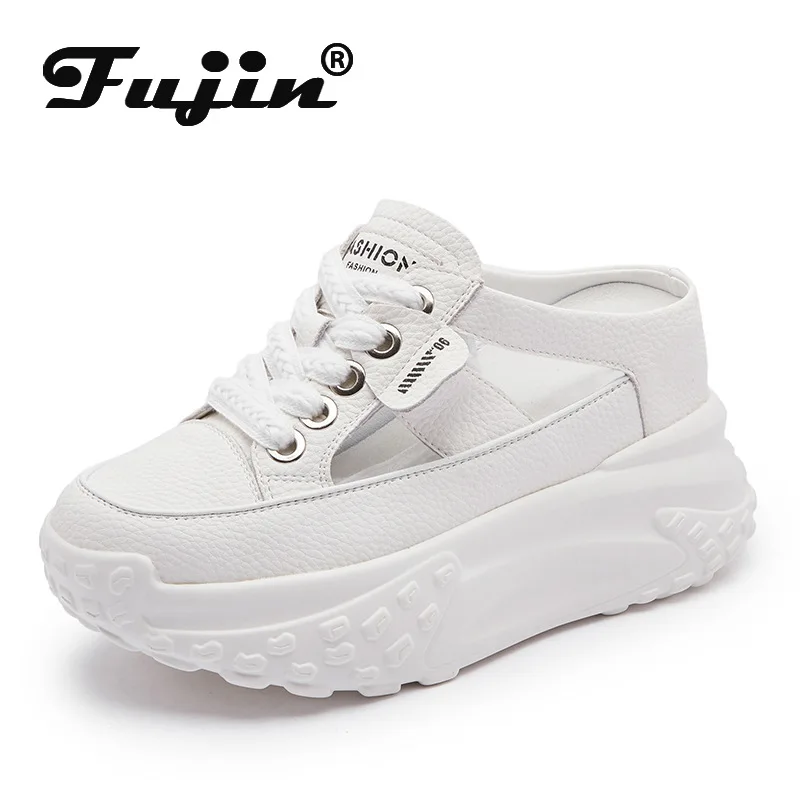 

Fujin 8cm 2023 Hollow Cow Genuine Leather Breathable Summer Women Slipper Platform Wedge Chunky Sneakers Leisure Mixed Color