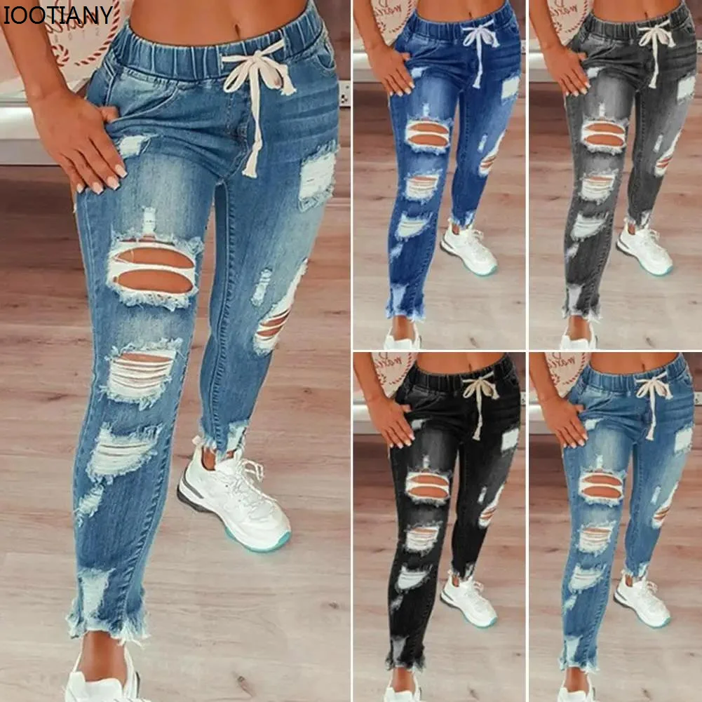 

Summer Solid Slim Jeans Women's Elastic Waist Drawstring Pants High Waist Ripped Ankle Strap Trousers Pencil Jeans For Dating