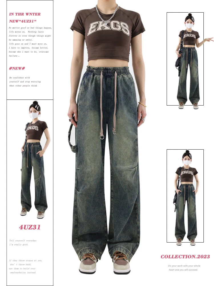 

Women Blue Jeans Baggy Harajuku Aesthetic Streetwear Straight Denim Trousers Y2k Wide Cowboy Pants Vintage 2000s Trashy Clothes