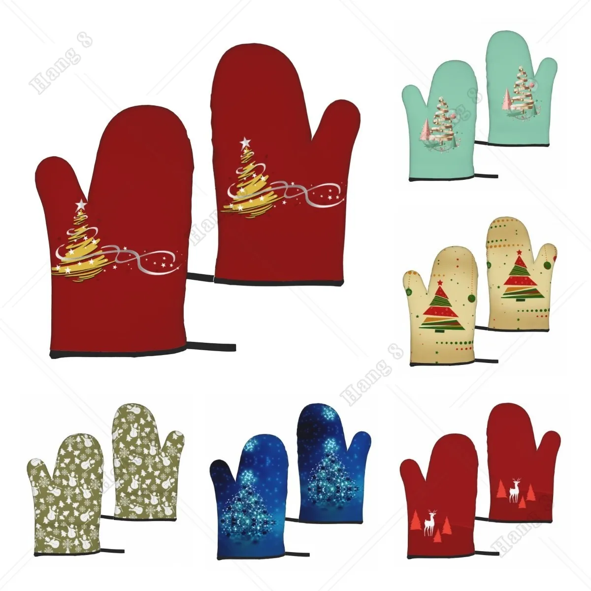 

Red and Golden Christmas Tree Sock Oven Mitts Microwave Gloves Heat Resistant for Kitchen Cooking Baking Grilling Bbq Gloves