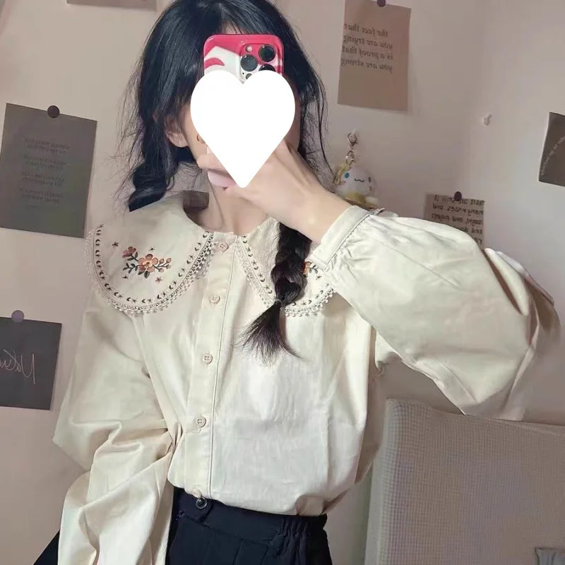 

Kawaii Lace Shirt White Peter Pan Collar Blouses Embroidery Korean Lolita Preppy Style Button Up Cute Top Jk Retro Clothes