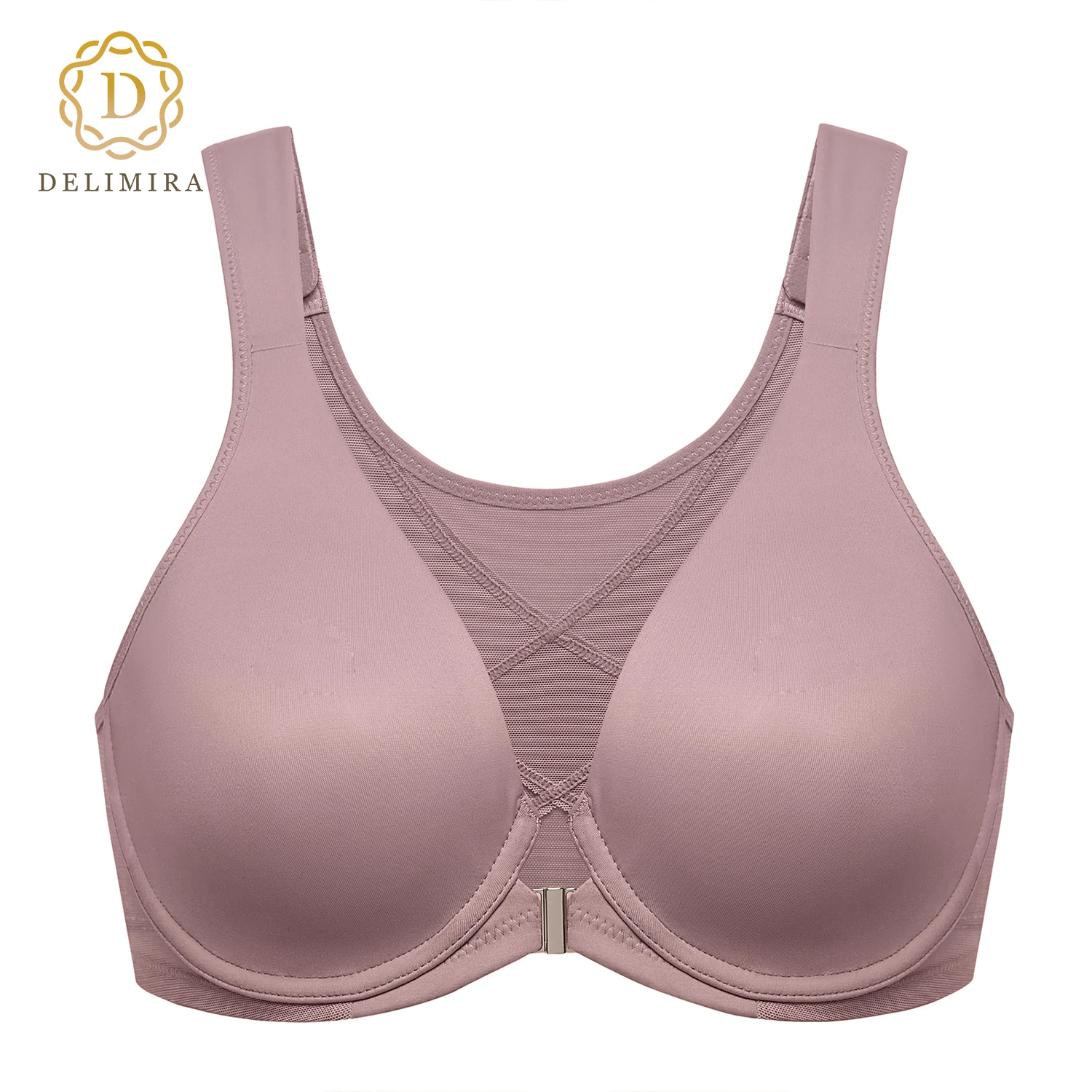 

DELIMIRA Women's Front Closure Bras Posture Full Coverage Plus Size Underwire Unlined Back Support Plunge Seamless Bra B-H