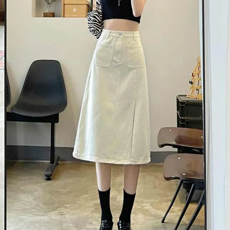 

New Autumn Fashion Trend High Waist Split Design Feel Denim Loose Versatile Slim Mid Length A-line Women's Half Body Wrap Skirt