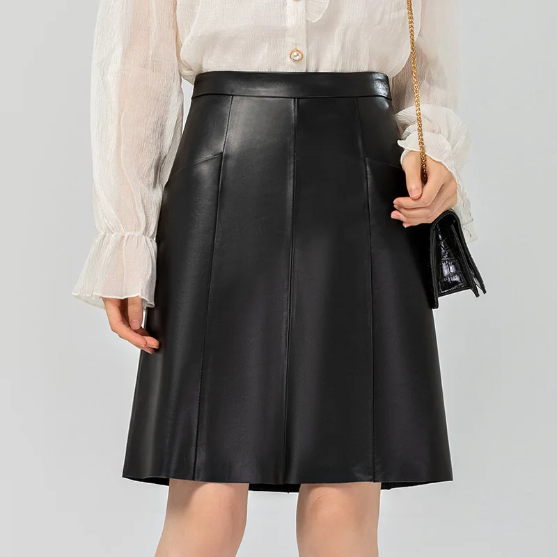 

Genuine Leather Skirt For Women In Spring And Autumn, New Sheep Leather High Waisted Slimming A-Line Skirt, Simple Commuting Ski