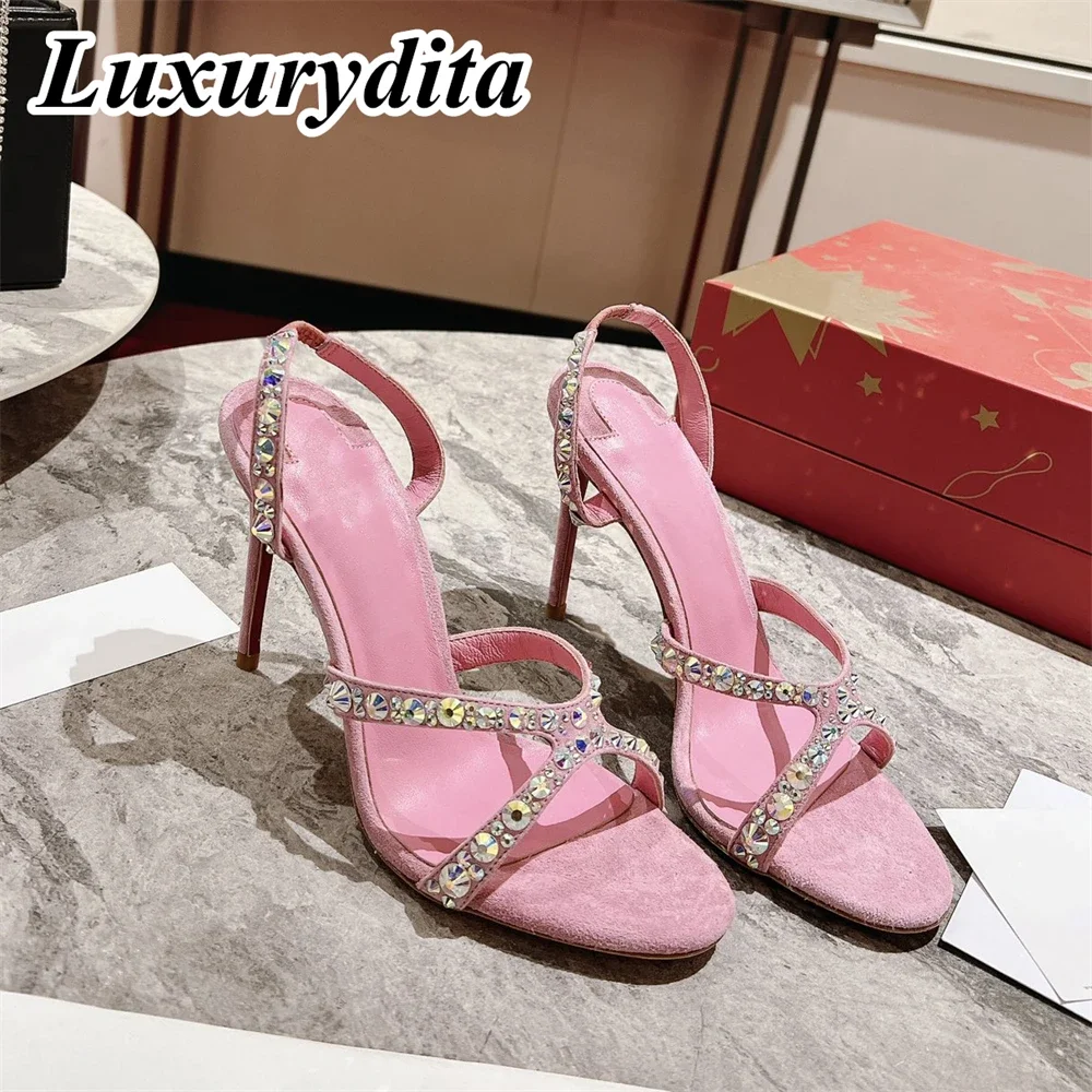 

LUXURYDITA Women Crystal Sandal Luxury 10cm High Heels Designer Customize Red Heel Emilie stra Socialite Dinner shoes H320