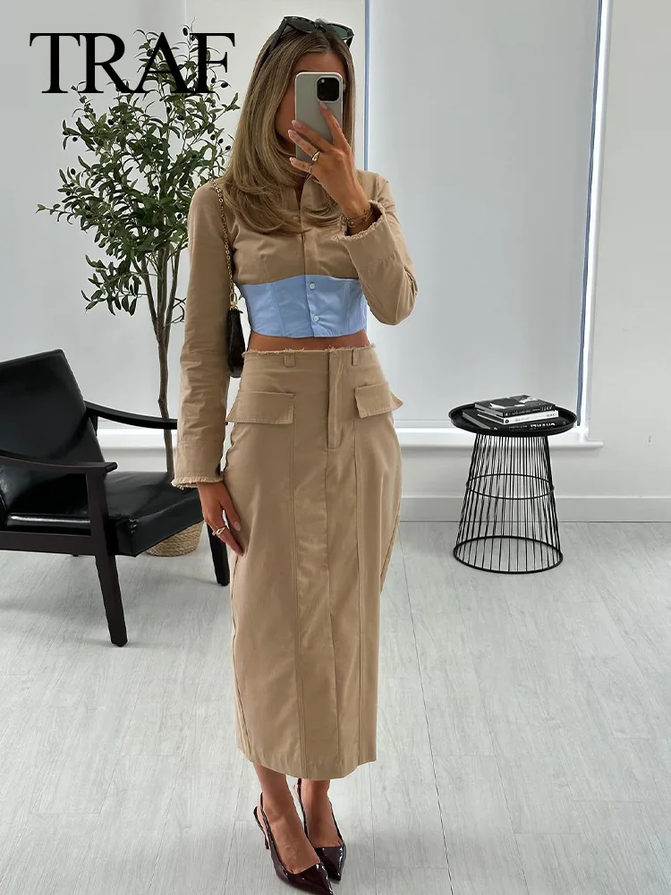 

TRAF Elegant Women 2 Piece Set High Waist Hem Slit Long Skirts+Lapel Long Sleeve Single-Breasted Splicing Decorate Short Shirt