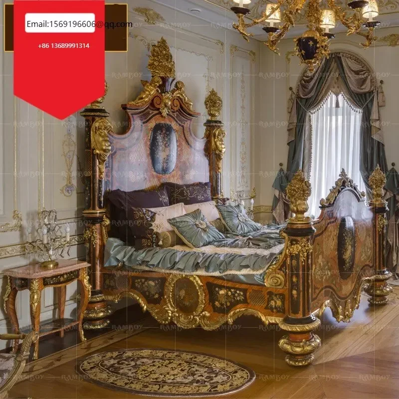 

Italian style double bed European style solid wood carved villa master bedroom luxury Royal noble wedding