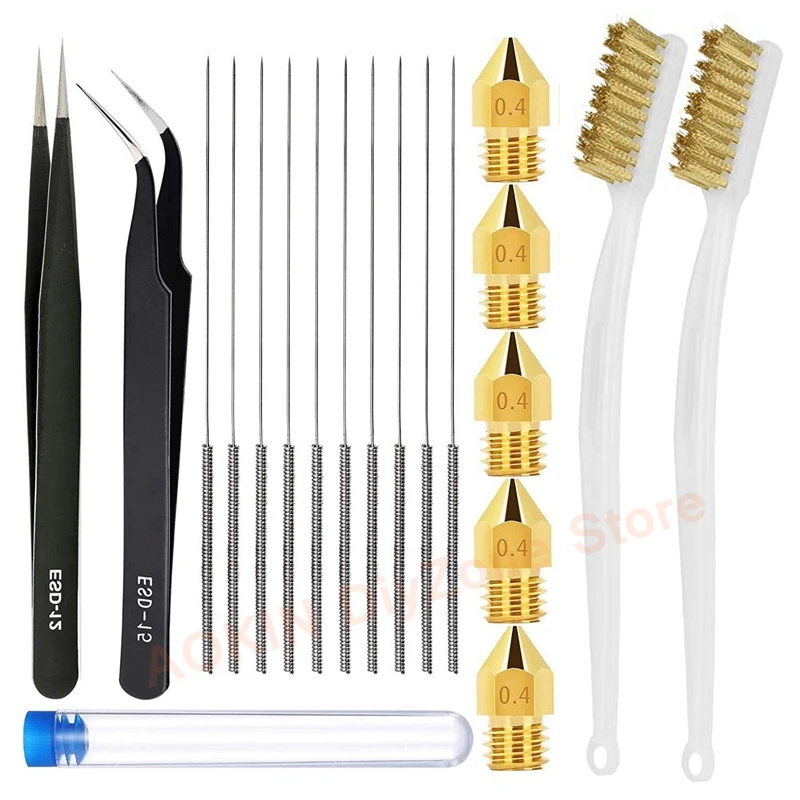 5Pcs 0.4mm MK8 Nozzles + 10Pcs 0.4mm Needles + 2Pcs Tweezers + 2Pcs Nozzle Brush for CR-10 Ender 3 3D Printer Cleaning Tools Kit
5Pcs 0.4mm MK8 Nozzles + 10Pcs 0.4mm Needles + 2Pcs Tweezers + 2Pcs Nozzle Brush for CR-10 Ender 3 3D Printer Cleaning Tools Kit