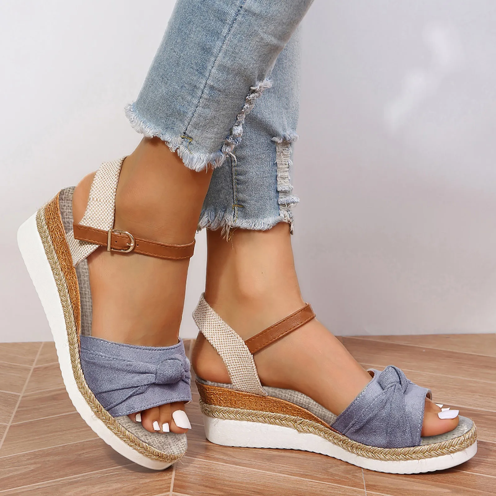 

Color Block Knot Detail Heel Sandals Strap Wedge Sandals For Women Casual Open Toe Sandals Roman Platform Comfortable Sandals